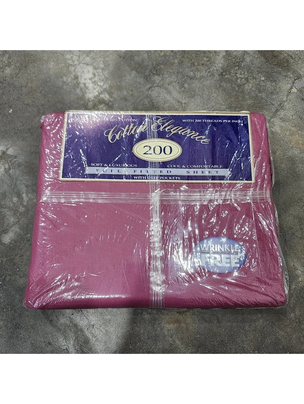 Vintage Full Fitted Sheet Cotton Poly NIP 200 Thread Count Burgundy/Wine No Iron